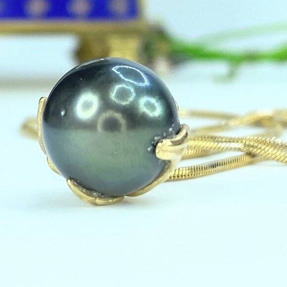 12.0mm black Tahitian Pearl 14K yellow gold Snake link necklace 20" 10.5g JR994